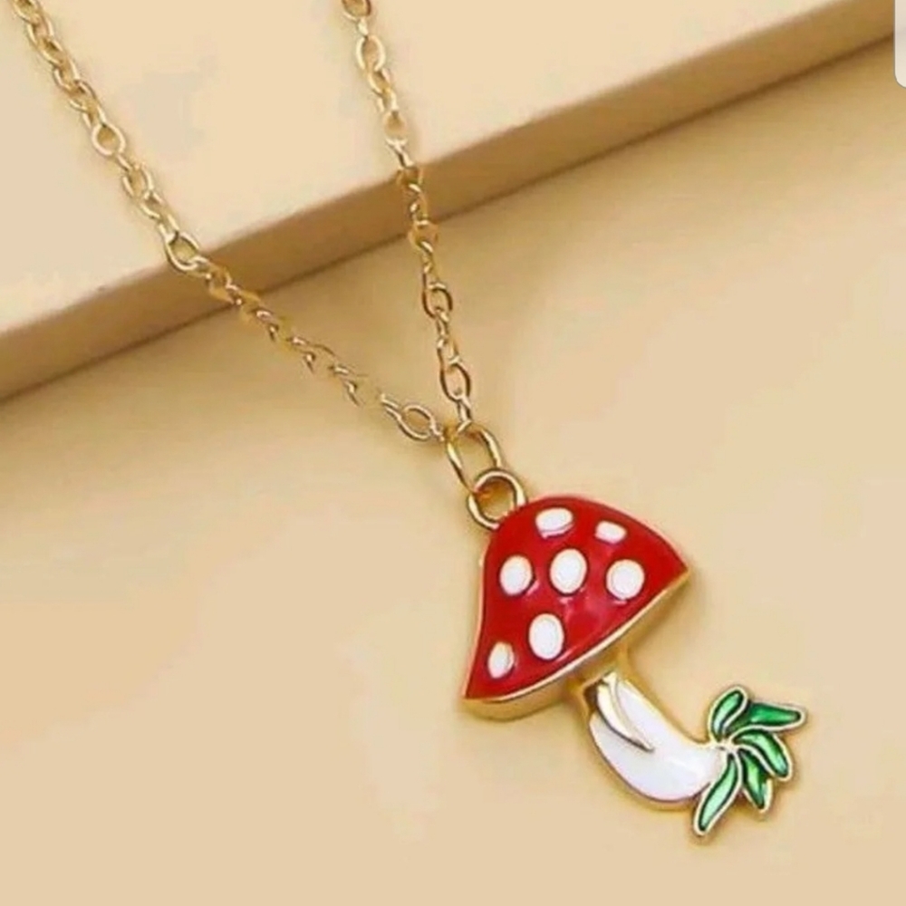 Gold Tone Red Mushroom Charm Necklace